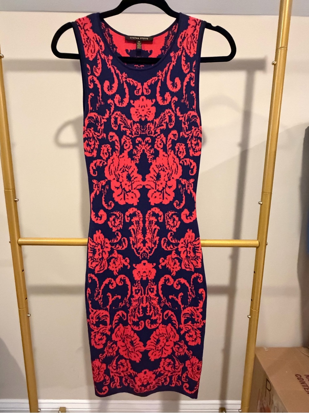 Cynthia Steffe Navy and Coral Printed Midi Sheath Dress